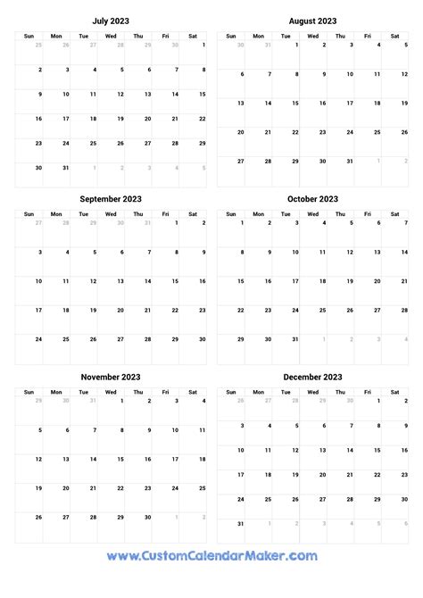 July To December 2023 Printable Calendar