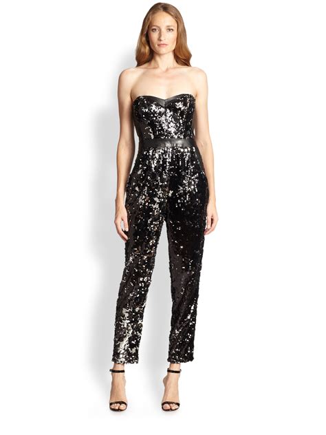 Lyst Milly Leather Trim Sequined Bustier Jumpsuit In Black