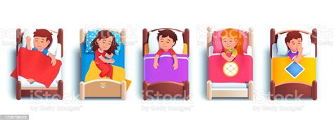 Boys Girls Kids Sleeping In Kindergarten Beds Or At Home Happy Smiling