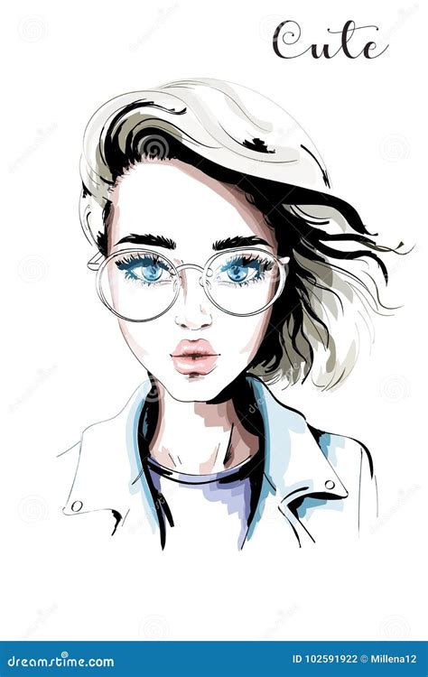 Hand Drawn Beautiful Woman Portrait Fashion Woman In Eyeglasses Stock Vector Illustration Of