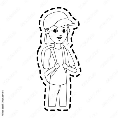 Vecteur Stock Pretty Young Woman Wearing Baseball Cap And Backpack Icon Image Vector