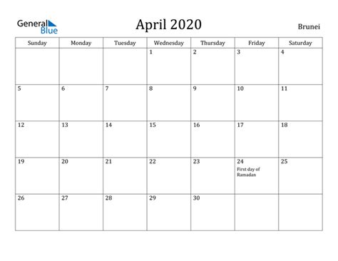 Brunei April 2020 Calendar With Holidays