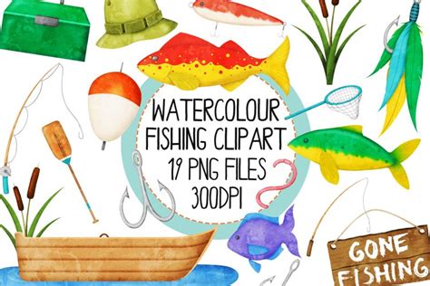 Watercolor Fishing Clip Art Set 1 370059 Illustrations Design Bundles