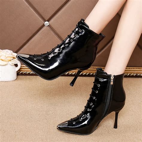 lucyever high heel boots woman patent leather ankle boots sexy pointed toe cross tied thin heels