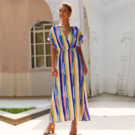 Summer Rainbow Striped Dress A Line Casual Cotton Short Sleeve V Neck
