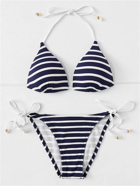Black And White Striped Swimsuit Halter Top Self Tie Side Bikini Bottom
