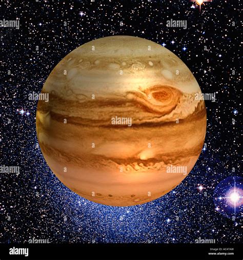 Planet Jupiter Composited On Night Sky Of Stars As Seen By The Hubble