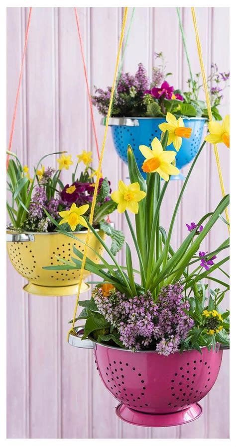 Colorful Colander Springtime Hanging Planters Diy Outdoor Hanging