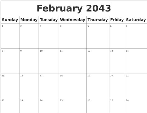 February 2043 Blank Calendar