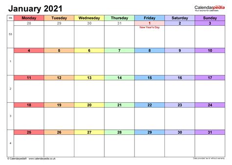 Calendar January 2021 Uk With Excel Word And Pdf Templates