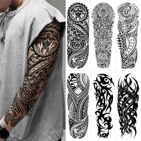 Waterproof Fake Tribal Tattoo Sleeves Set 6 Large Arm Sleeves With Turtle Maori Tribe Totem