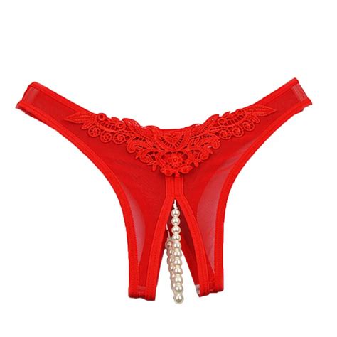 Sexy Open Crotch Pearl G String Transparent Women Underwear Lace