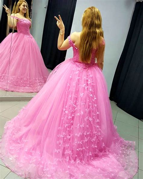 Pink Appliqued Corset Ball Gown Prom Dressesbutterfly Appliques