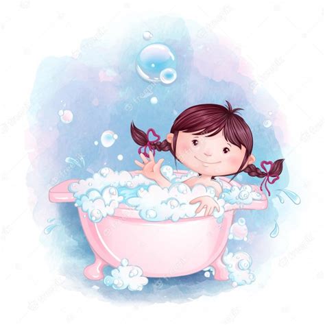 Uma Menina Está Se Divertindo Tomando Banho Em Um Banho Rosa Com Espuma