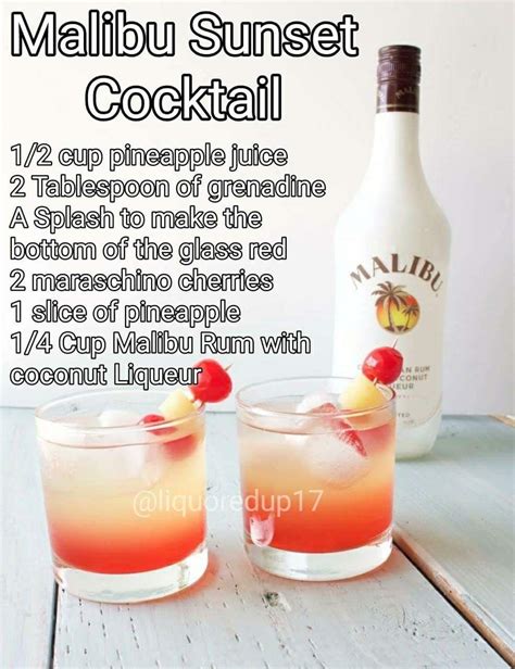 Malibu sunset — a fun, fruity, easy malibu drink recipe!!because there's really no wrong way to do pineapple, orange juice, coconut rum, grenadine, and cherries. Malibu rum sunset cocktail | Alcohol drink recipes, Drinks ...