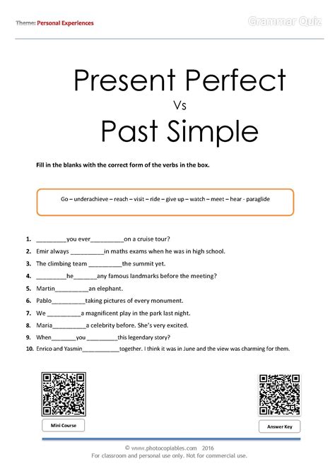 Present Perfect Vs Past Simple Grammar Quiz Photocopiables