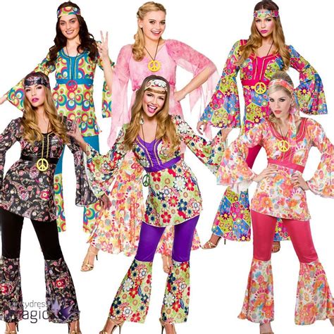 Womens Fancy Dress Retro Disco Groovy Hippy Costume Couples Hippie