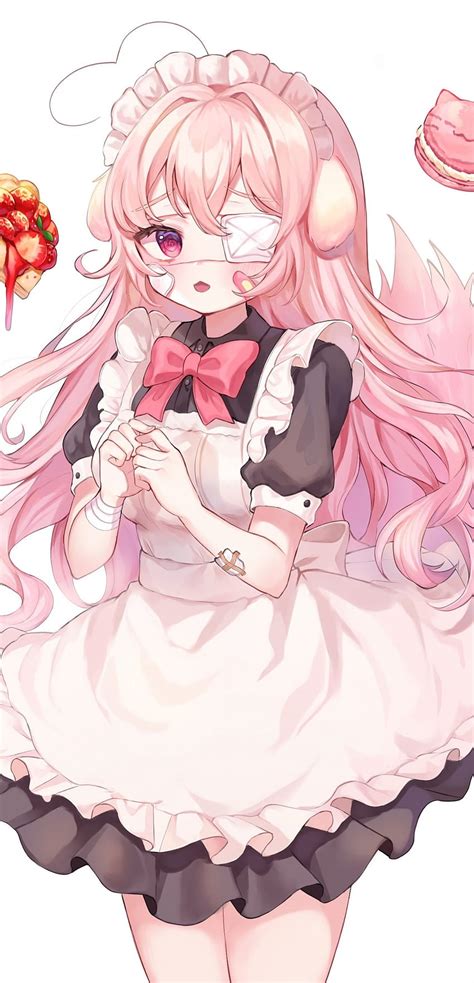 1080x2240 Cute Anime Girl Maid Outfit Pink Hair Eyepatch Headdress