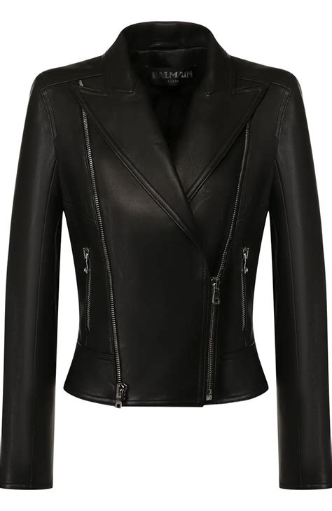 Женская черная приталенная кожаная куртка с косой молнией Balmain