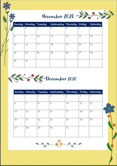 Printable November And December 2020 Calendar A4 Digital Etsy