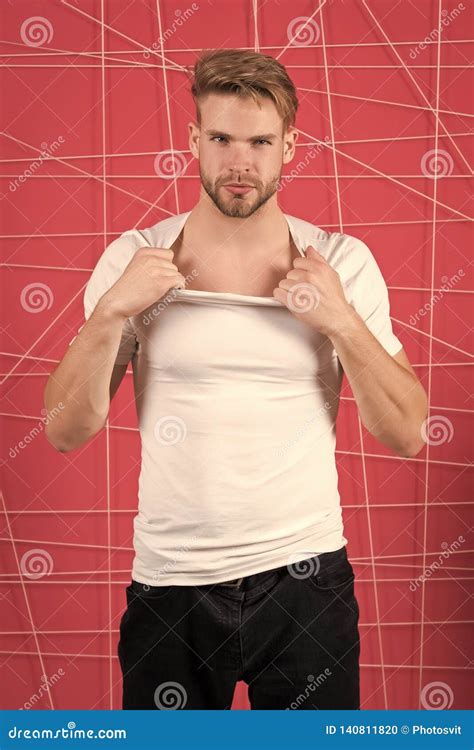 Guy Bearded And Attractive Tearing Off Shirt Masculinity Concept Stock