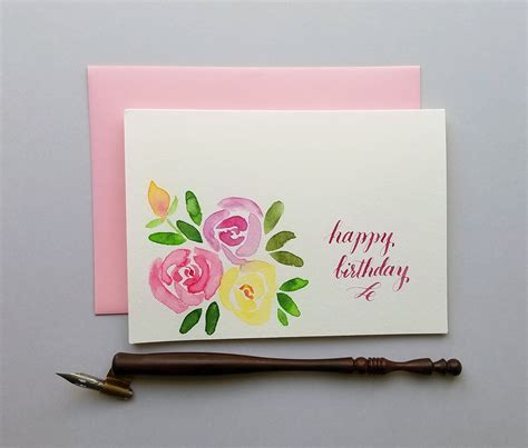 Floral Happy Birthday Card With Modern Calligraphy Etsy Calligraphy