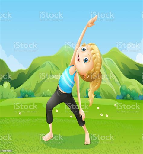 Girl Exercising Barefoot At The Field Stock Illustration Download