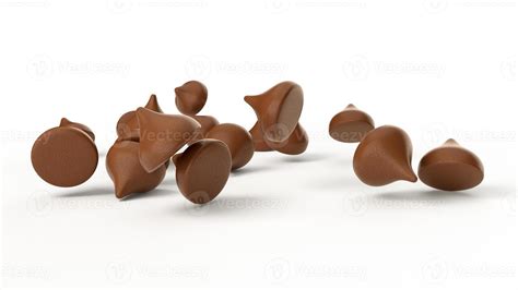 Glossy 3d Chocolate Chips Falling Down On White Background 9836987