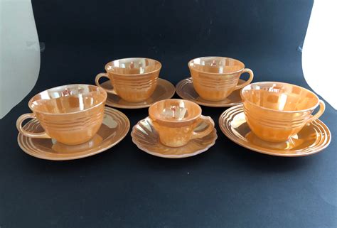 Fire King Peach Luster Four Sets Cups And Saucers Demitasse Etsy