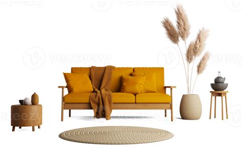 Living Room With Yellow Sofa And Dried Plants 19634931 Png