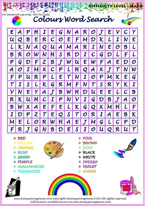 Kids choose four pictures (or words), then cover them with their markers. Word Search Colours Hard Version PDF | Kids word search, Rainbow words, Word puzzles