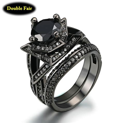 Punk Style Black Gold Color Cubic Zirconia Ring Sets For Women And Men