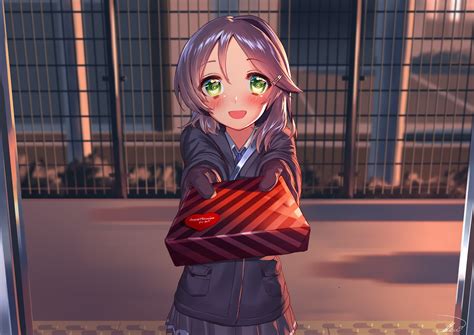 wallpaper anime schoolgirl open mouth green eyes short hair blushing gloves smiling