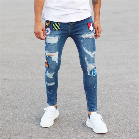 Mens Patchwork Jeans With Heavy Rips Blue
