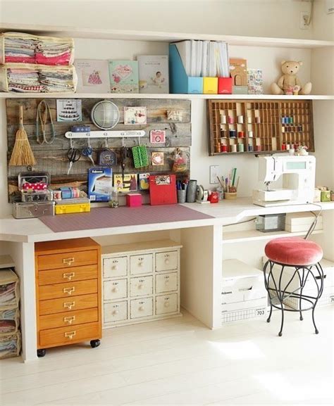 Many of these ideas for organizing craft & sewing supplies (and the rooms that contain them) are quite clever and make the most of the space available. Cute sewing room | Craft room design, Sewing room storage ...