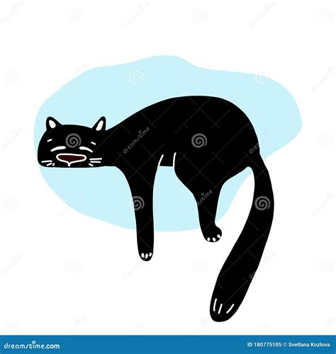 Hand Drawn Vector Illustration Of A Cute Funny Black Cat Lying On Its