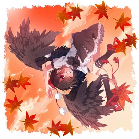 Safebooru 1girl Autumn Leaves Bird Wings Black Bow Black Bowtie Black