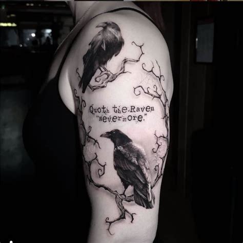A Woman With A Tattoo On Her Arm That Says Got The Raven Before One