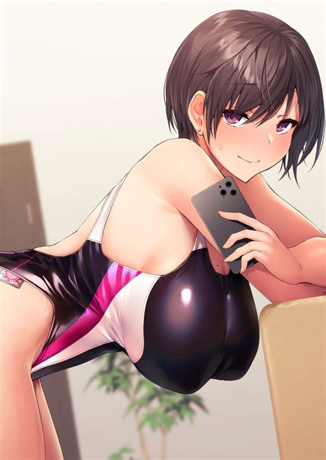 Satou Kuuki Original Commentary Request 1girl Bent Over Breasts Brown Hair Cellphone