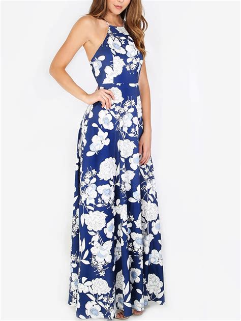 Shop Blue Halter Neck Floral Print Maxi Dress Online SheIn Offers Blue