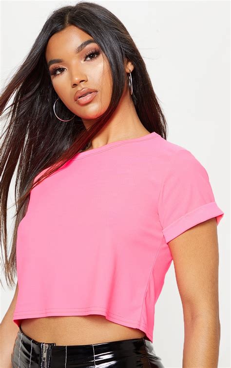 Basic Neon Pink Roll Sleeve Crop T Shirt Prettylittlething Qa
