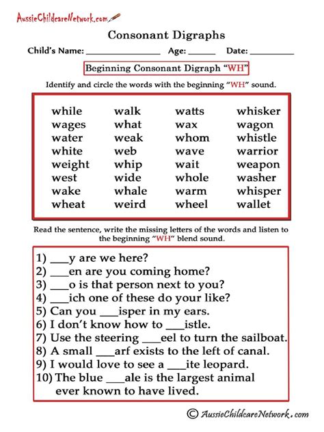 Consonant Digraphs Worksheets Beginning Wh