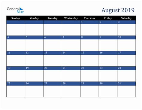 August 2019 Downloadable Sunday Start Calendar