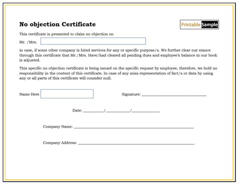 20 Free Sample No Objection Certificate Templates Printable Samples