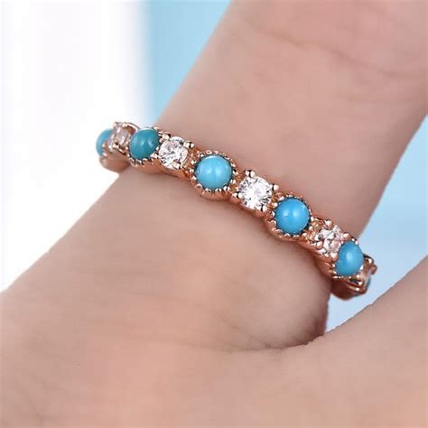 Turquoise Wedding Band Half Eternity Diamond Ring 14K Rose Etsy