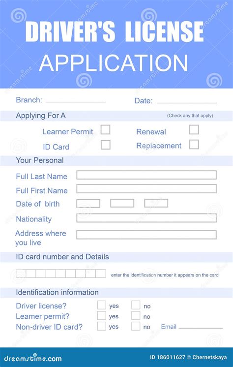 driver`s license application form made in colors stock illustration