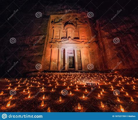 Candles Glowing In Front Of The Al Khazneh Temple The Trasury In The