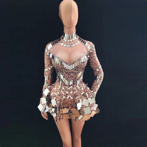 Silver Sequins Sparkling Mirrors Dress Sexy Nightclub Bar Dj Ds Costumes Female Singer Leading
