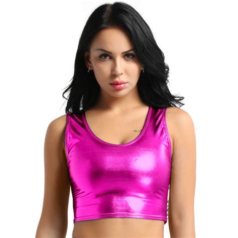 Women Metallic Wetlook Crop Tops Belly Free Bustier Bra Vest Tank Top Top Ebay
