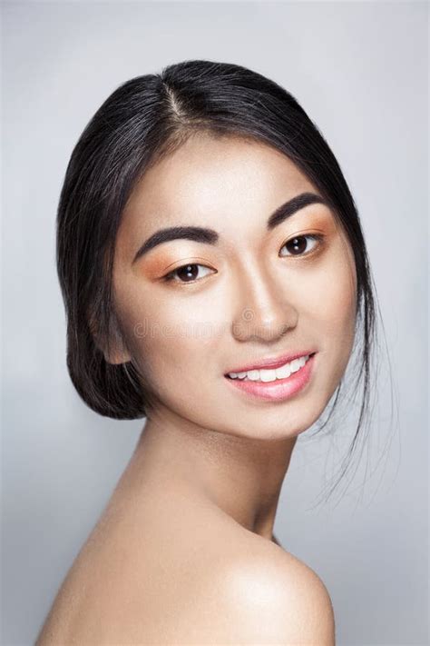 Beautiful Asian Young Tender Woman Smiles Looks Camera Stock Photos